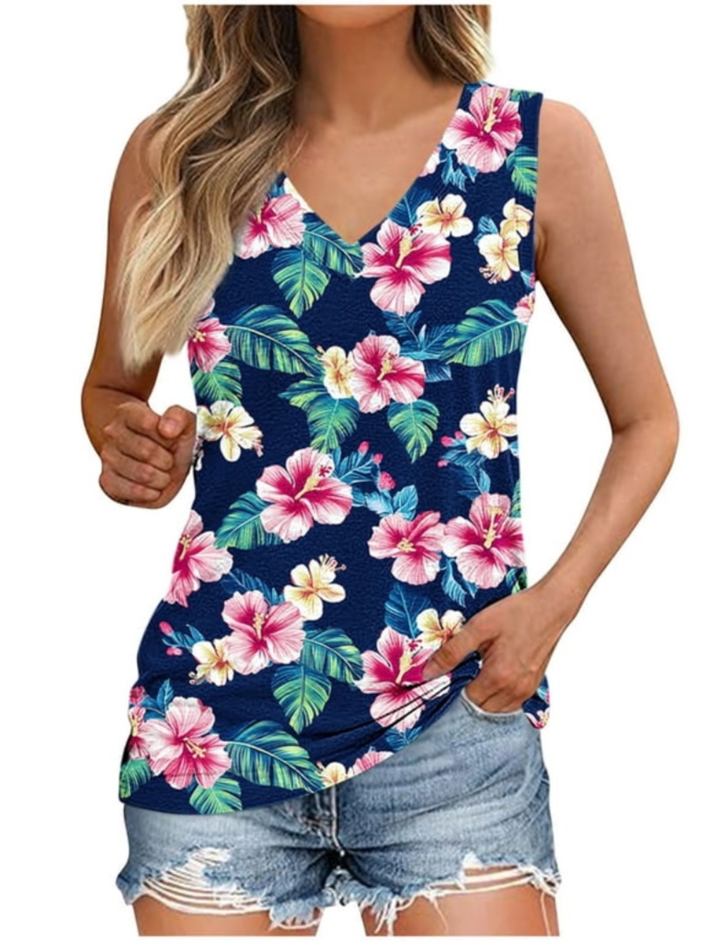 Sampeel Navy Blue Tropical Floral Tank Top, Size L